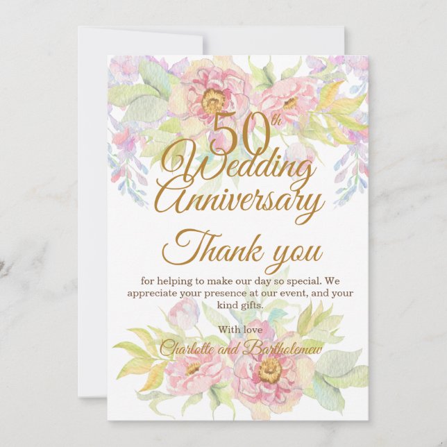 50th Wedding Anniversary Party Rose Thank You Card (Front)
