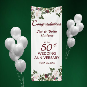 50th Wedding Anniversary Party White Roses Banner