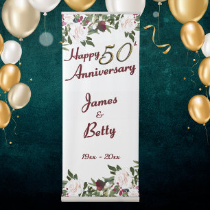 50th Wedding Anniversary Party White Roses Retractable Banner
