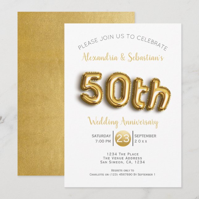 50th Wedding Anniversary Personalised Faux Gold Invitation (Front/Back)