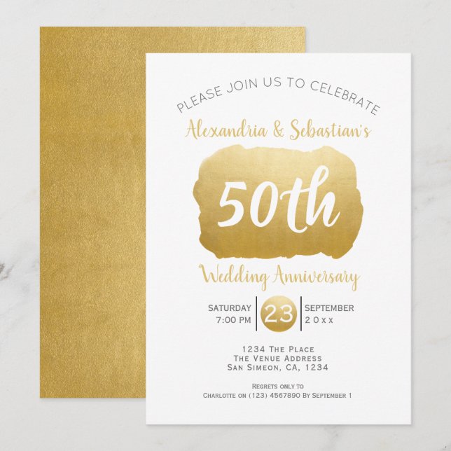50th Wedding Anniversary Personalised Faux Gold Invitation (Front/Back)