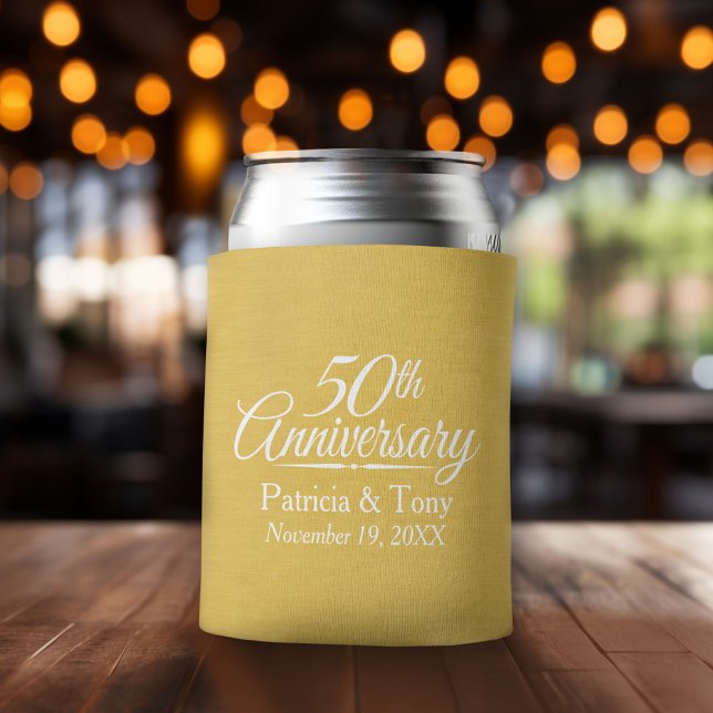 50th Wedding Anniversary Personalised Golden Can Cooler (50th Wedding Anniversary Can Cooler - Personalize with names and dates)