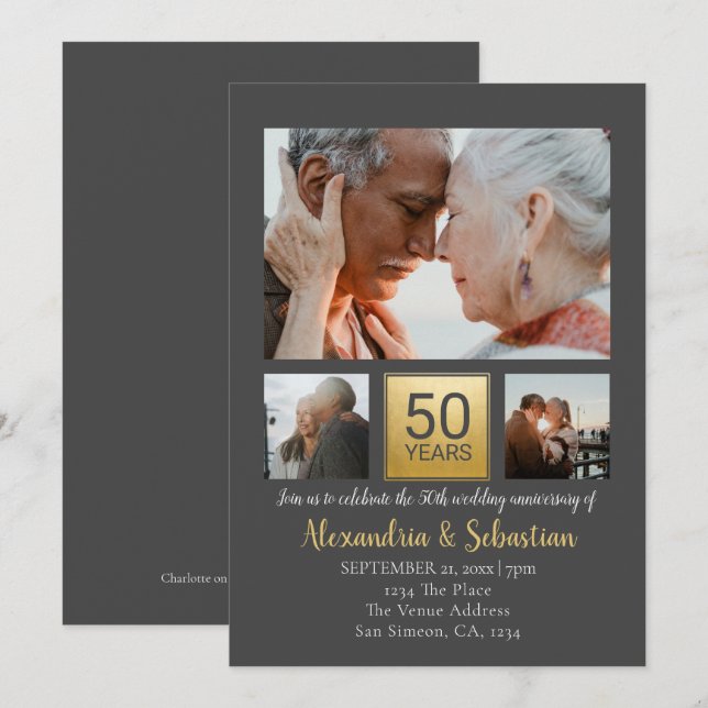 50th Wedding Anniversary Personalised Grey Gold Invitation (Front/Back)