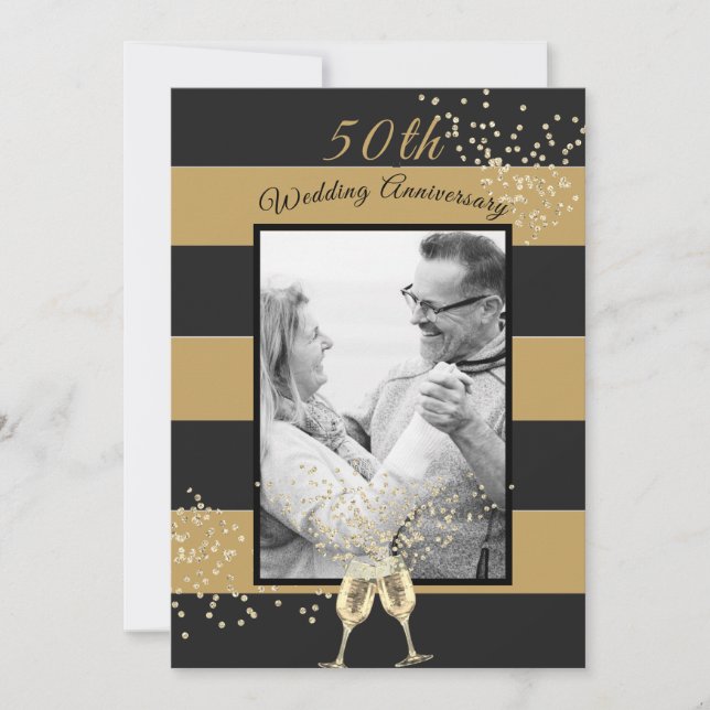 50th Wedding Anniversary Photo Black Gold Elegant Invitation (Front)