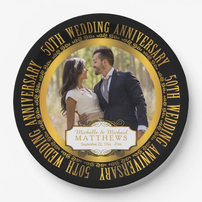 50th Wedding Anniversary Photo Black | Gold Tone Paper Plate (Front)