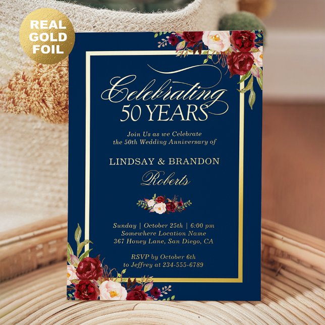 50th Wedding Anniversary Photo Blush Red Floral (Creator Uploaded)
