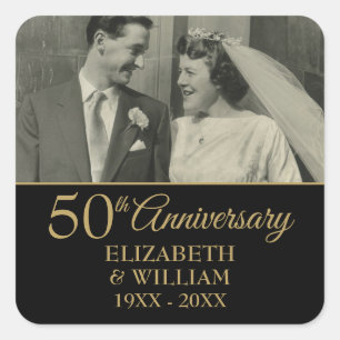50th Wedding Anniversary Photo Elegant Gold Black Square Sticker
