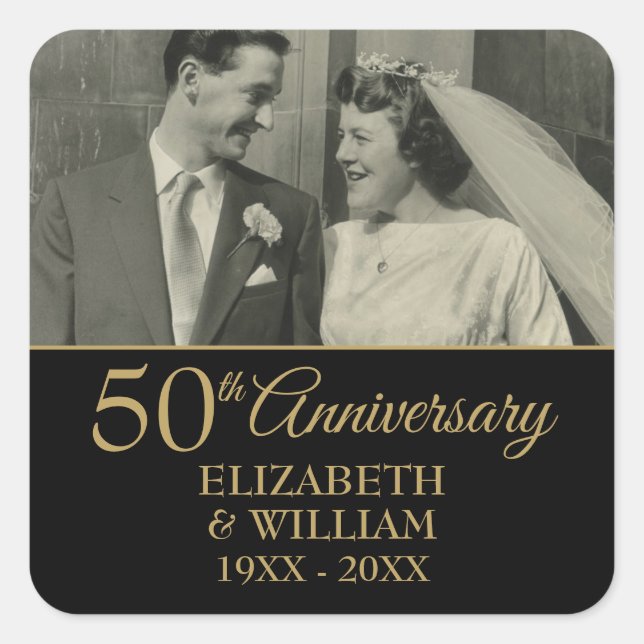 50th Wedding Anniversary Photo Elegant Gold Black Square Sticker (Front)