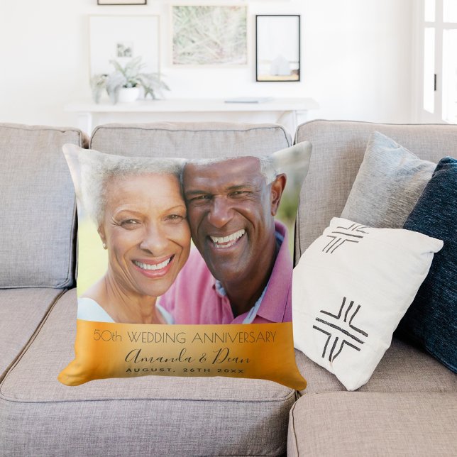 50th wedding anniversary photo elegant gold cushion (Creator Uploaded)