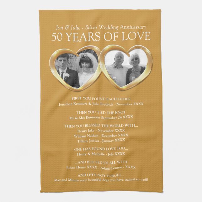 50th wedding anniversary photo family story photos tea towel (Vertical)