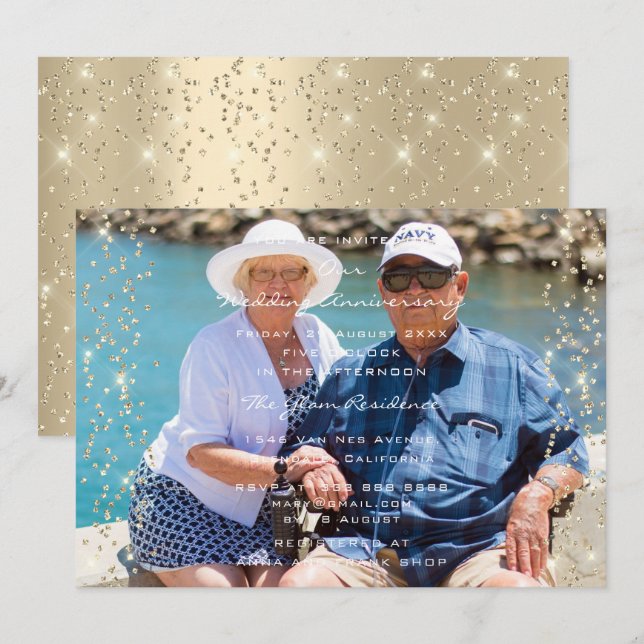 50th Wedding Anniversary Photo Gold Confetti Famil Invitation (Front/Back)