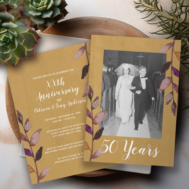 50th Wedding Anniversary Photo - Gold Eggplant Invitation (Wedding Anniversary Invitation)