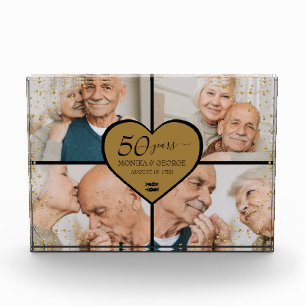 50th Wedding Anniversary Photo Gold Glitter Heart Block