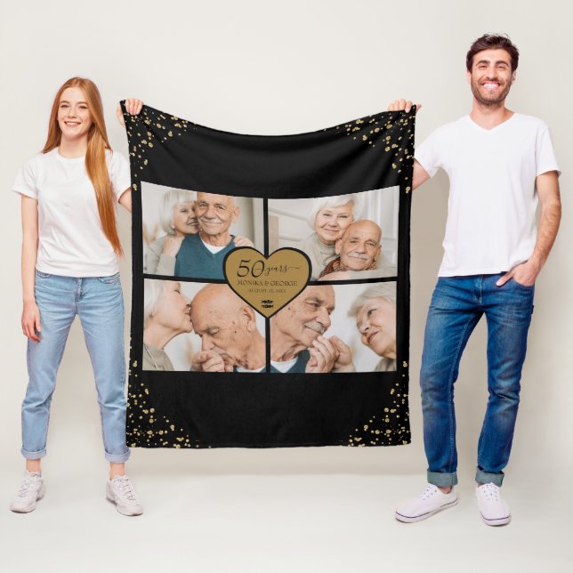 50th Wedding Anniversary Photo Gold Glitter Heart Fleece Blanket (In Situ)