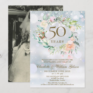 50th Wedding Anniversary Photo Winter Floral  Invitation
