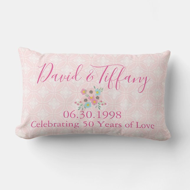 50th Wedding Anniversary Pink and Silver Lumbar Cushion (Front)