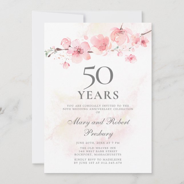 50th Wedding Anniversary Pink Cherry Blossom Invitation (Front)