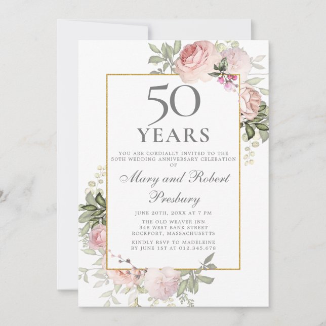 50th Wedding Anniversary Pink Rose Floral Invitation (Front)