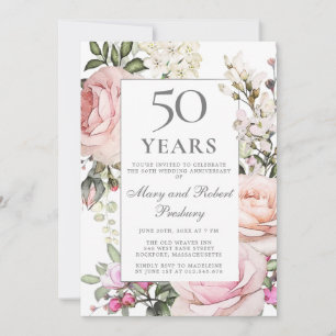 50th Wedding Anniversary Pink Rose Floral Invitation