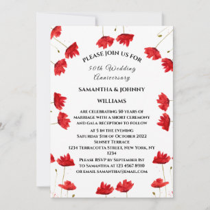 50th Wedding Anniversary Poppies Floral Rustic Invitation