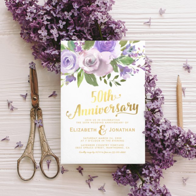 50th Wedding Anniversary Purple Gold Floral Invitation (Creator Uploaded)