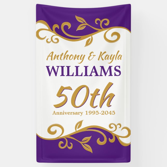 50th Wedding Anniversary Purple Gold Flourish Banner (Vertical)