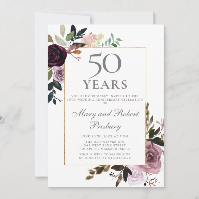 50th Wedding Anniversary Purple Mauve Pink Floral Invitation (Front)