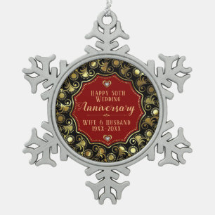 50th Wedding Anniversary Red Black & Gold Snowflake Pewter Christmas Ornament