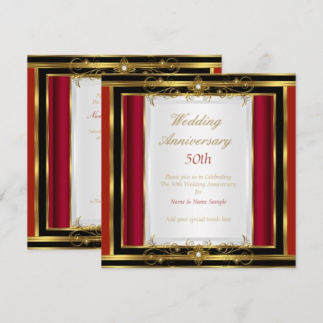50th Wedding Anniversary Red Gold Black White Invitation (Front/Back)