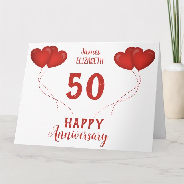 50th wedding anniversary red heart balloons thank you card (Front)