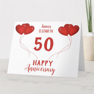 50th wedding anniversary red heart balloons thank you card