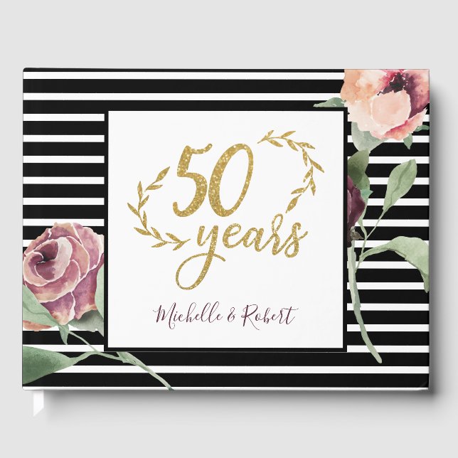 50th Wedding Anniversary Red Rose Gold Glitter Guest Book (Front)