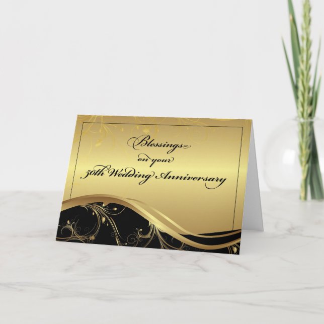 50th Wedding Anniversary Religious, Black and Gold Card (Front)