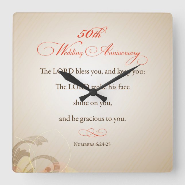 50th Wedding Anniversary, Religious Lord Bless Square Wall Clock (Front)