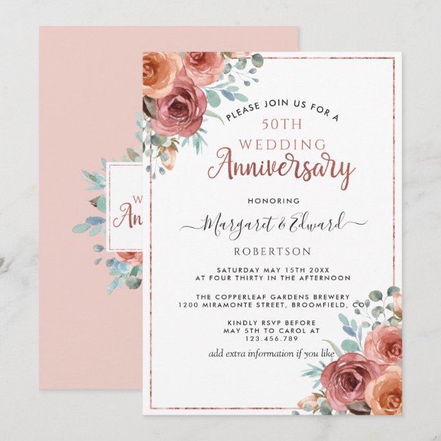 50th Wedding Anniversary, Rose Gold, Mint Floral Invitation (Front/Back)