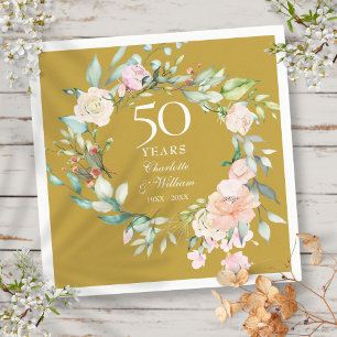 50th Wedding Anniversary Roses Floral Golden  Napkin