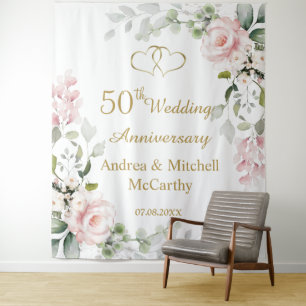 50th Wedding Anniversary Roses Hearts Tapestry