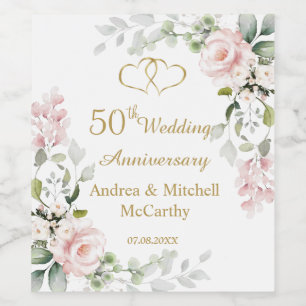 50th Wedding Anniversary Roses Hearts Wine Label