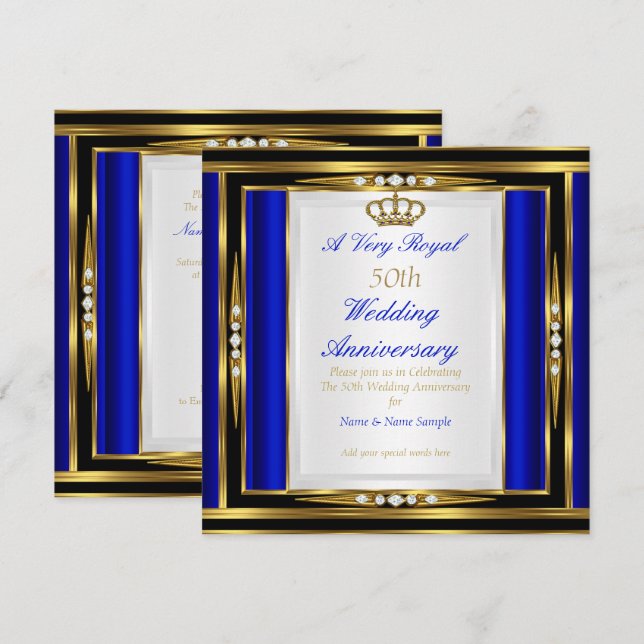 50th Wedding Anniversary Royal Blue Gold Crown 2 Invitation (Front/Back)