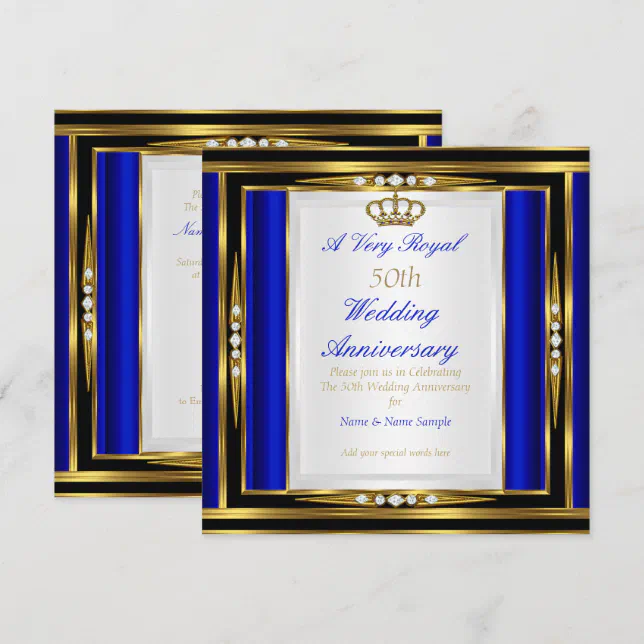 50th Wedding Anniversary Royal Blue Gold Crown 2 Invitation | Zazzle