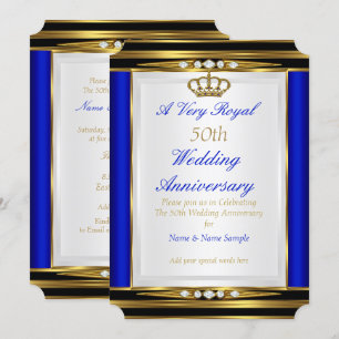 50th Wedding Anniversary Royal Blue Gold Crown 2 Invitation