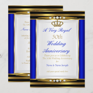 50th Wedding Anniversary Royal Blue Gold Crown 2 Invitation