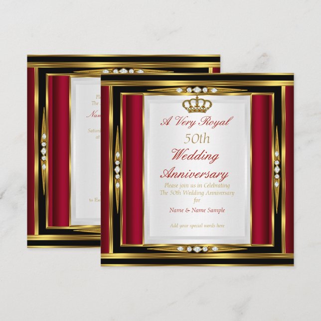 50th Wedding Anniversary Royal Red Gold Crown Invitation (Front/Back)
