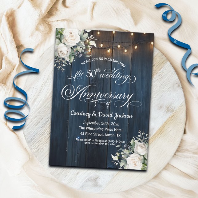 50th Wedding Anniversary Rustic Blue String Lights Invitation (Creator Uploaded)