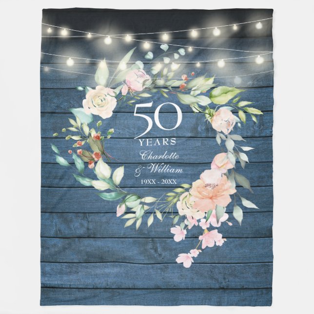 50th Wedding Anniversary Rustic Blue Wood Floral Fleece Blanket (Front)