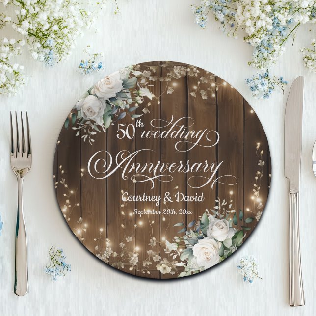 50th Wedding Anniversary Rustic String Lights  Paper Plate (Creator Uploaded)