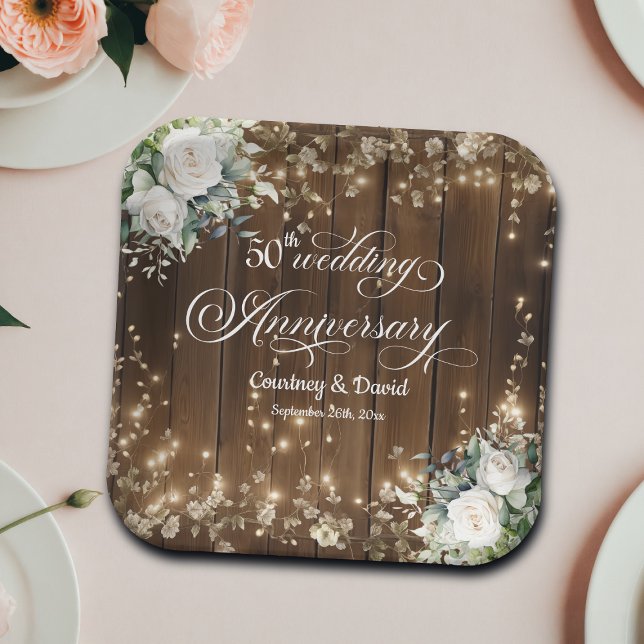 50th Wedding Anniversary Rustic String Lights  Paper Plate (Creator Uploaded)