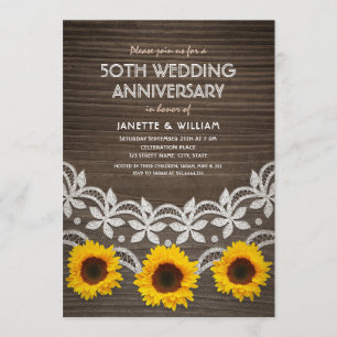 50th Wedding Anniversary Rustic Sunflowers Lace Invitation