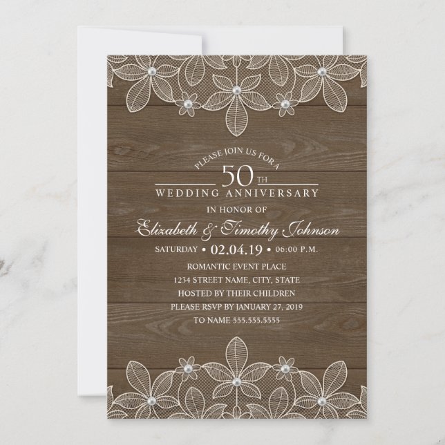 50th Wedding Anniversary Rustic Wood Country Lace Invitation (Front)