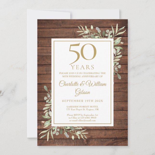 50th Wedding Anniversary Rustic Wood Greenery  Invitation (Front)